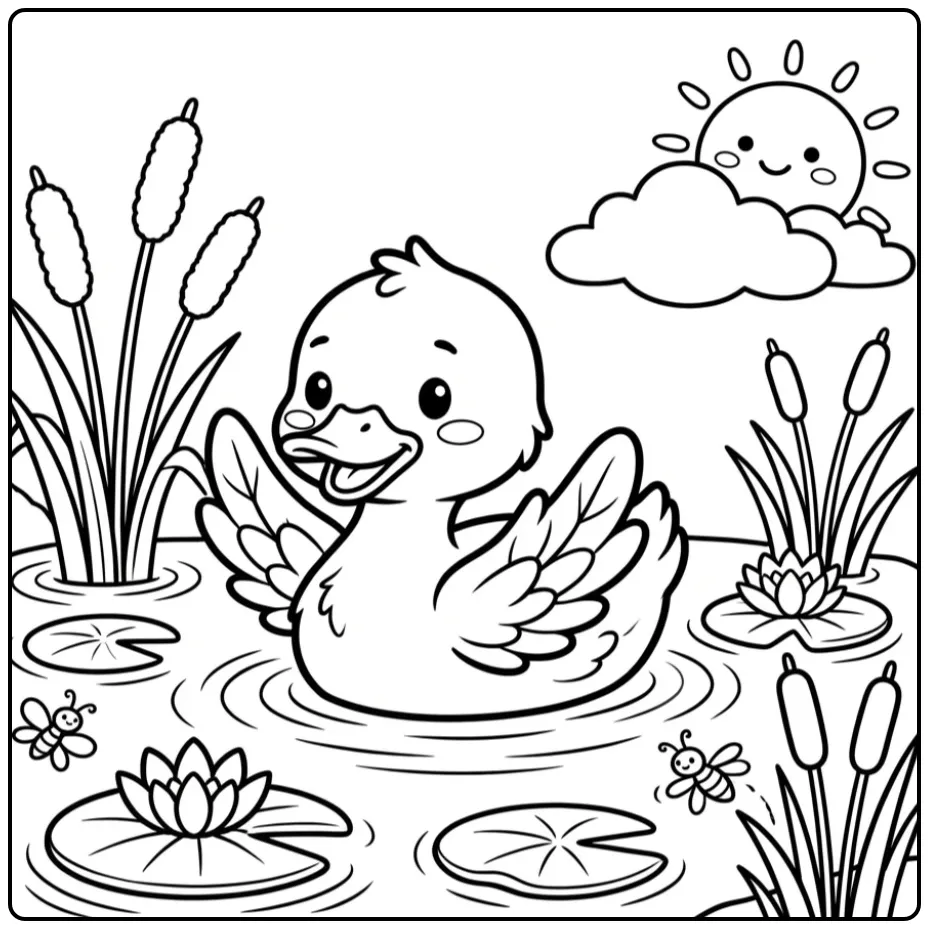 Schattige kleurplaat eendje dat zwemt met bladvleugels.