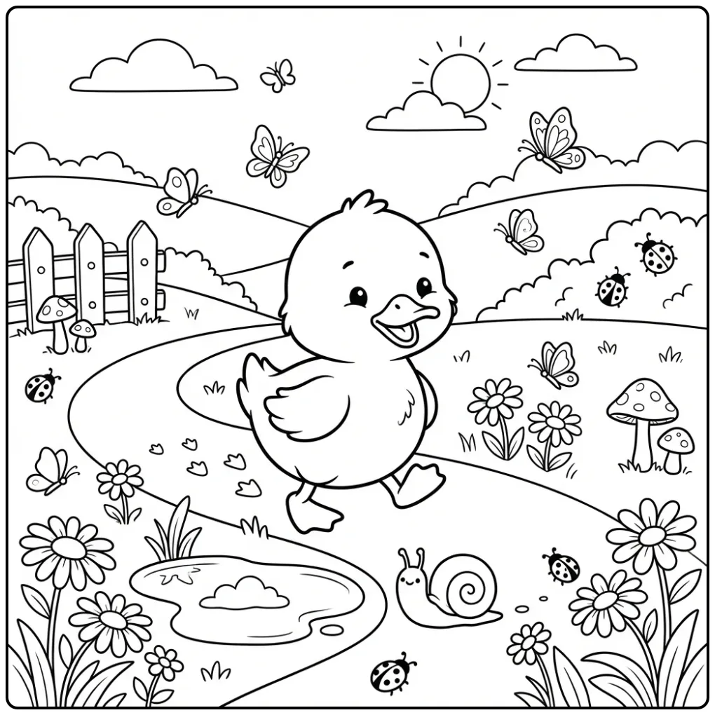 Schattige kleurplaat eendje waggelend langs bloemen en slak.