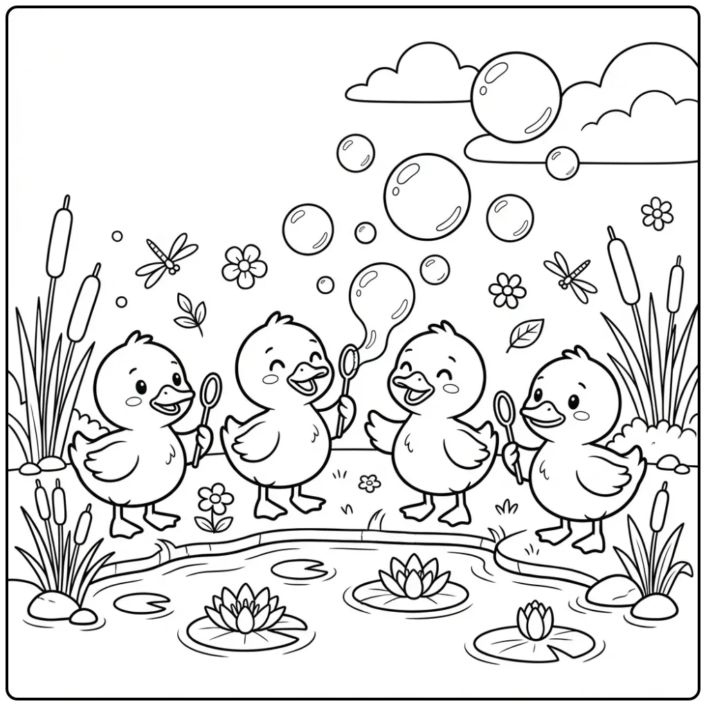 Schattige kleurplaat eendjes met bellenblaas en waterlelies