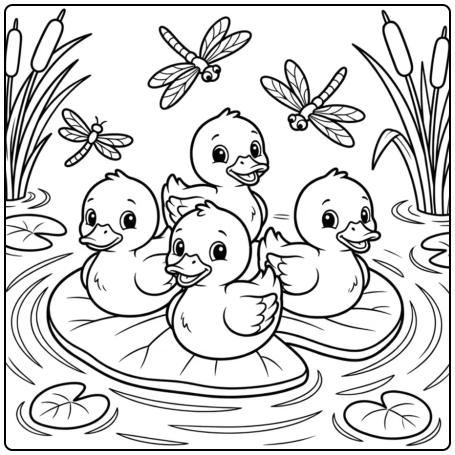 Kleurplaat eendjes varend op een groot waterlelieblad.