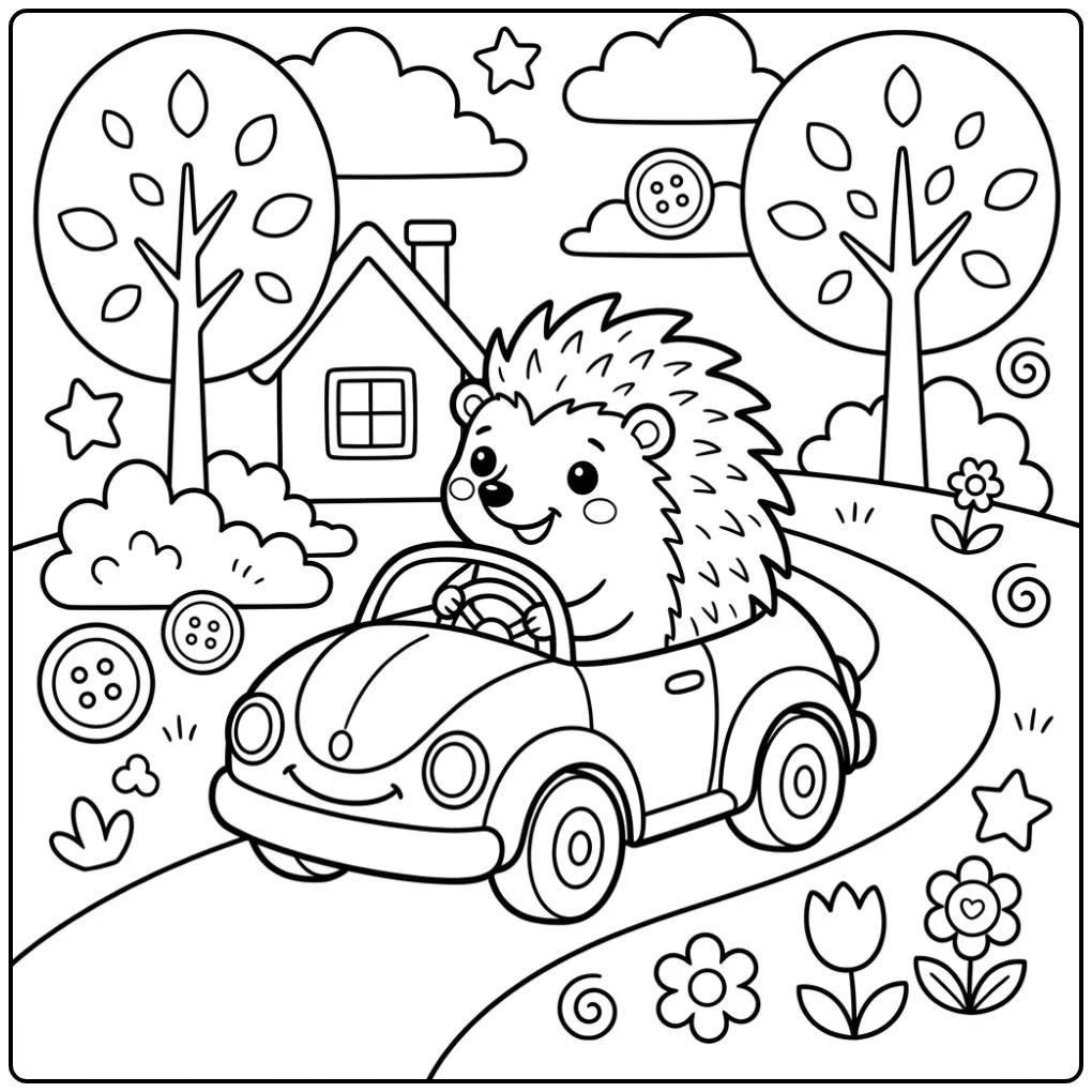 Schattige kleurplaat egel peuters in een speelgoedauto.