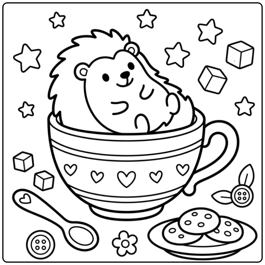Schattige kleurplaat egel peuters in een theekopje.