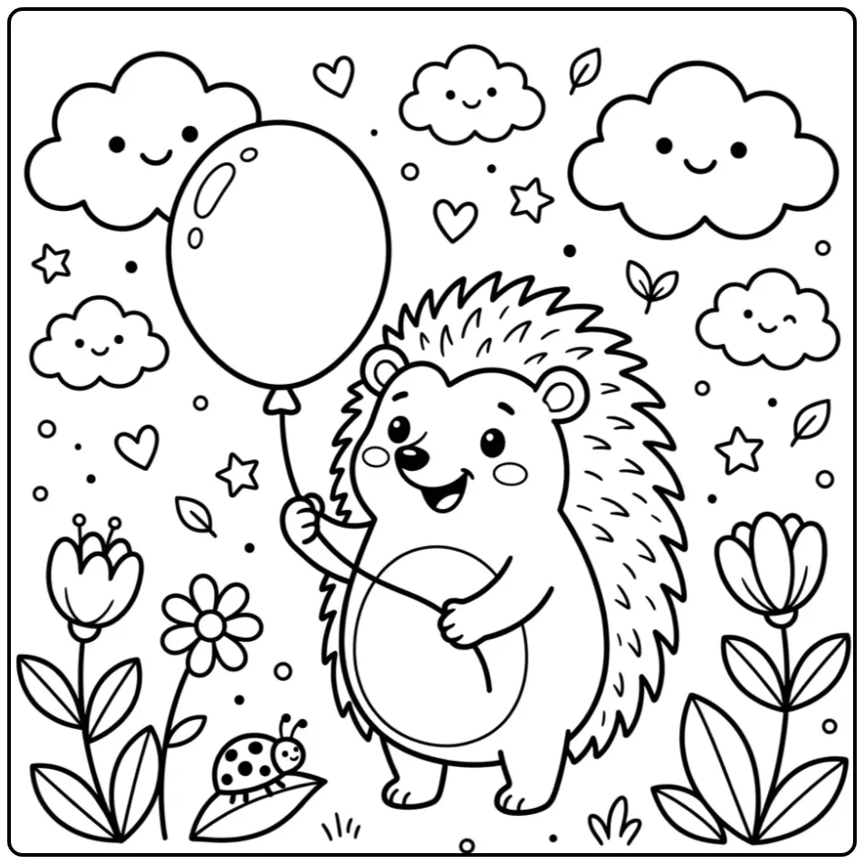 Leuke kleurplaat egel peuters met ballon en wolken.