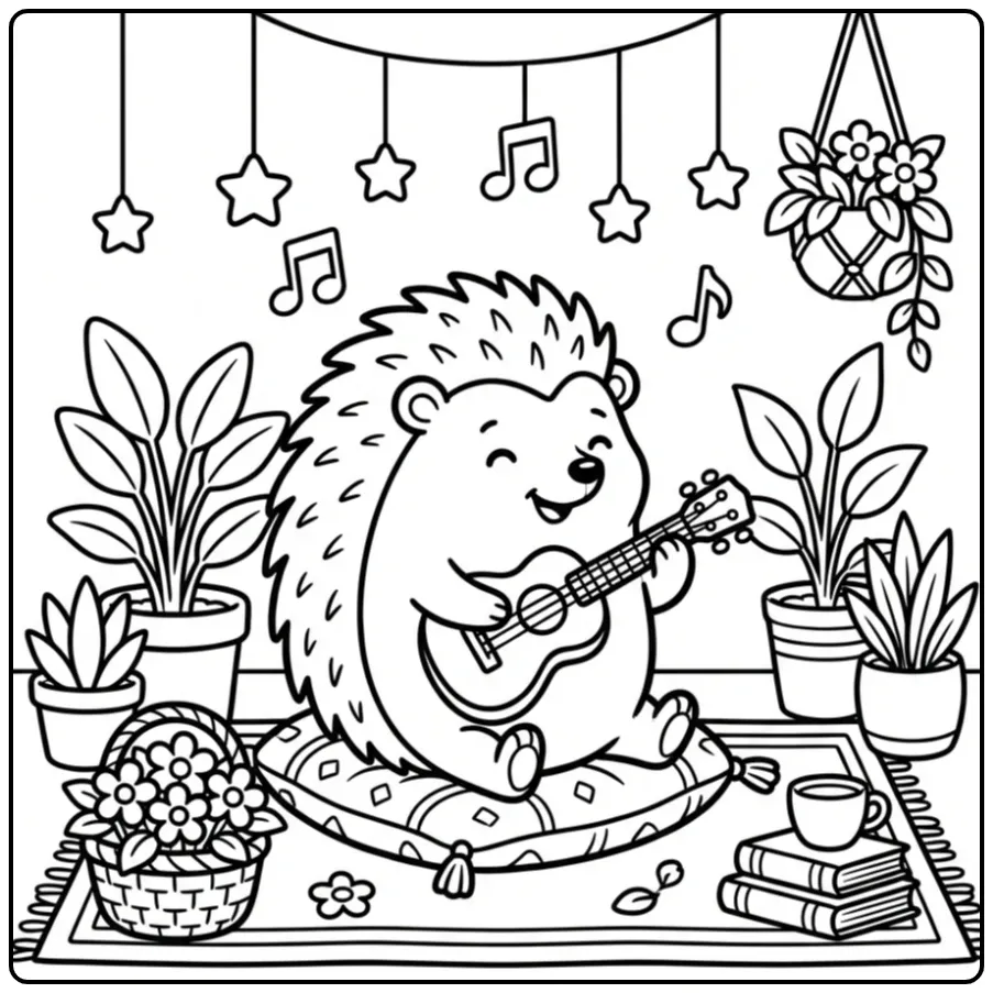 Een kleurplaat egel schattig spelend op een kleine ukelele.