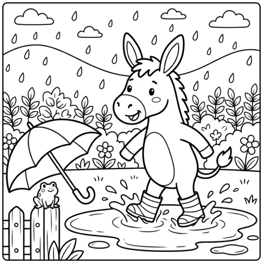 Schattige kleurplaat ezel met laarzen in de regen.