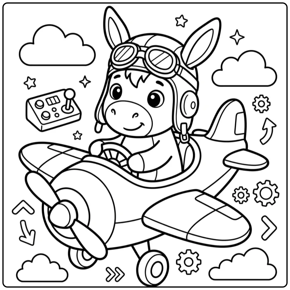 Schattige kleurplaat ezel als piloot in een vliegtuigje.