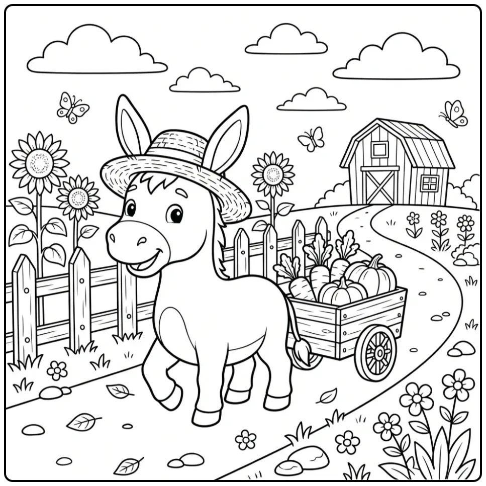 Schattige kleurplaat ezel met hoed trekt een kar vol groente.