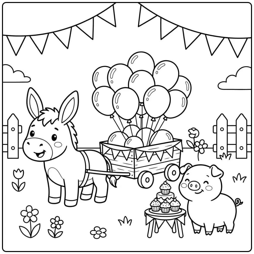 Een leuke kleurplaat ezel met een kar vol ballonnen.