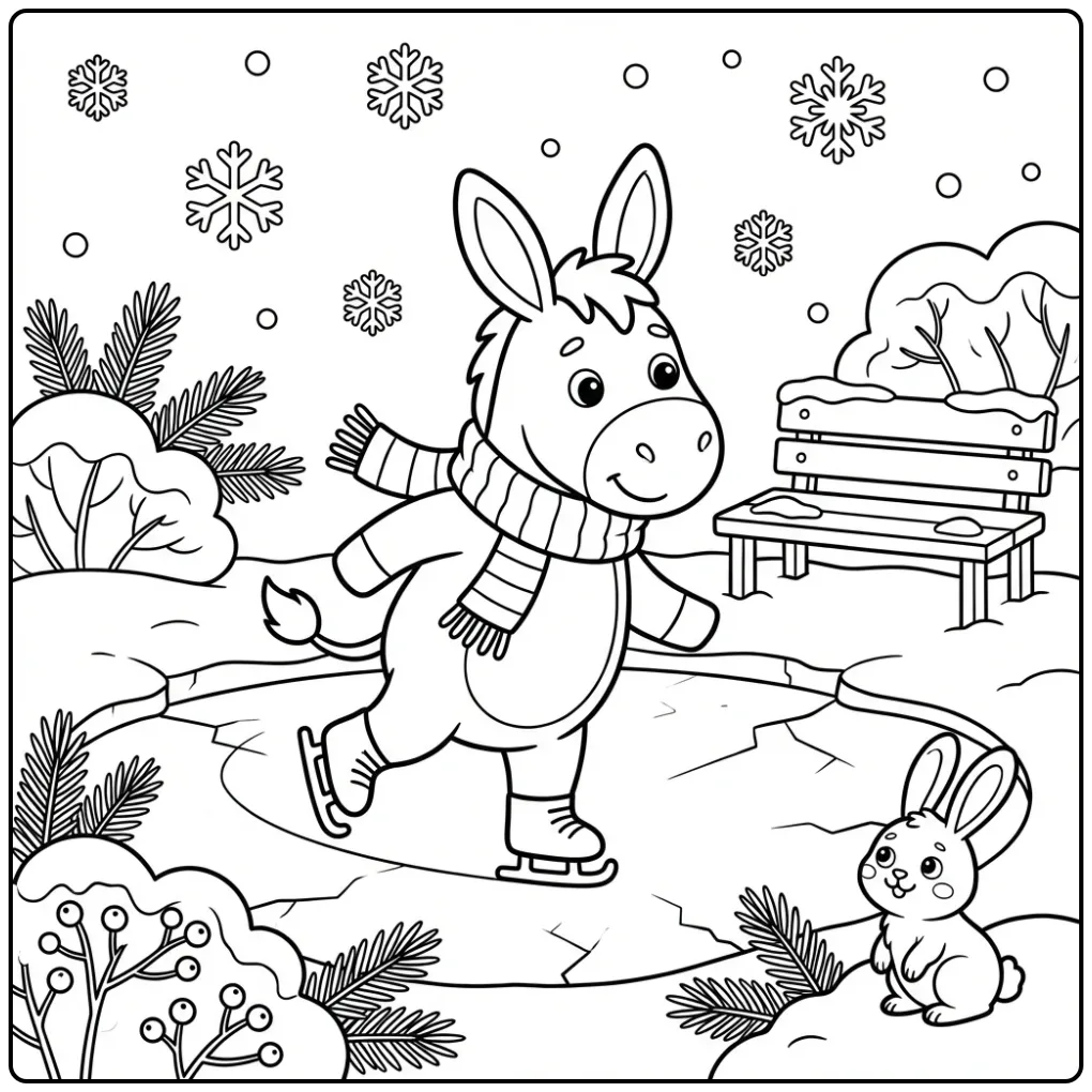 Een leuke kleurplaat ezel die schaatst met een warme sjaal.