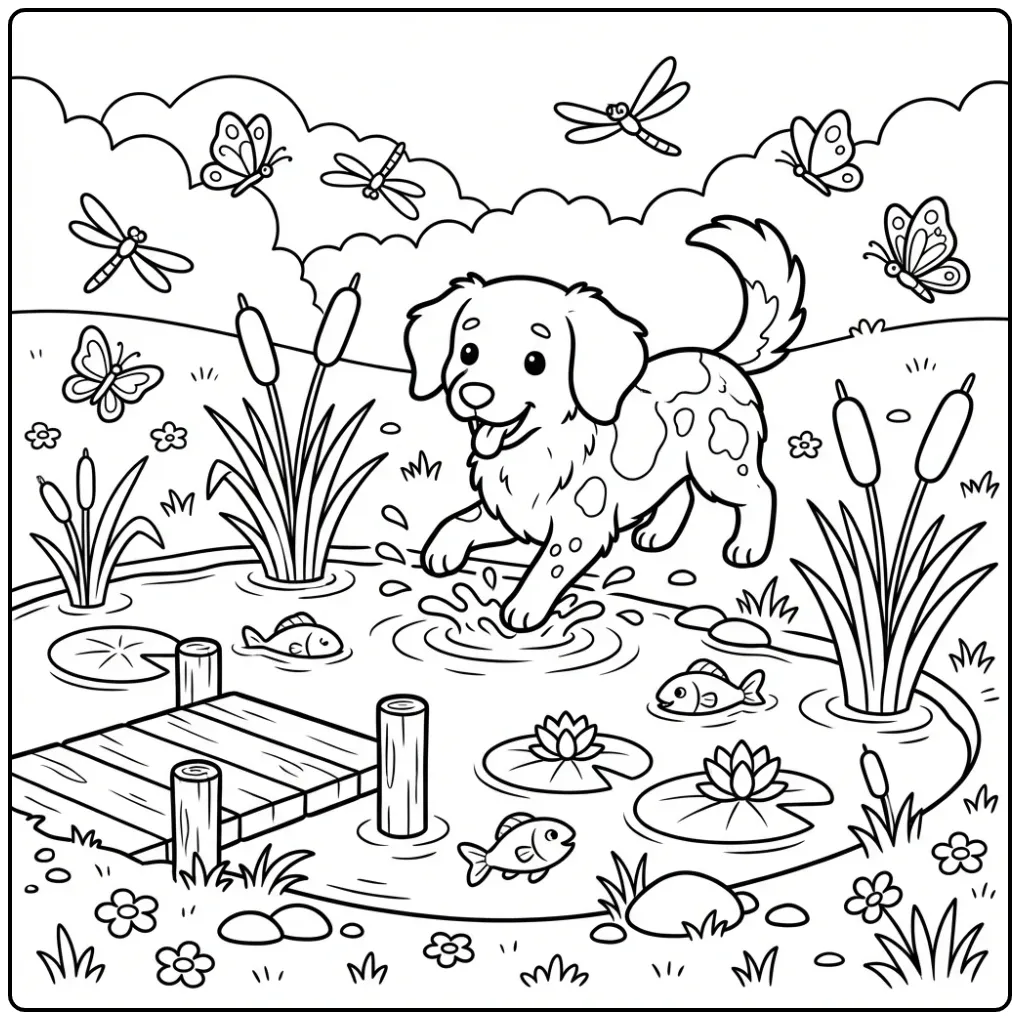 Een leuke kleurplaat friese stabij die speelt bij het water.