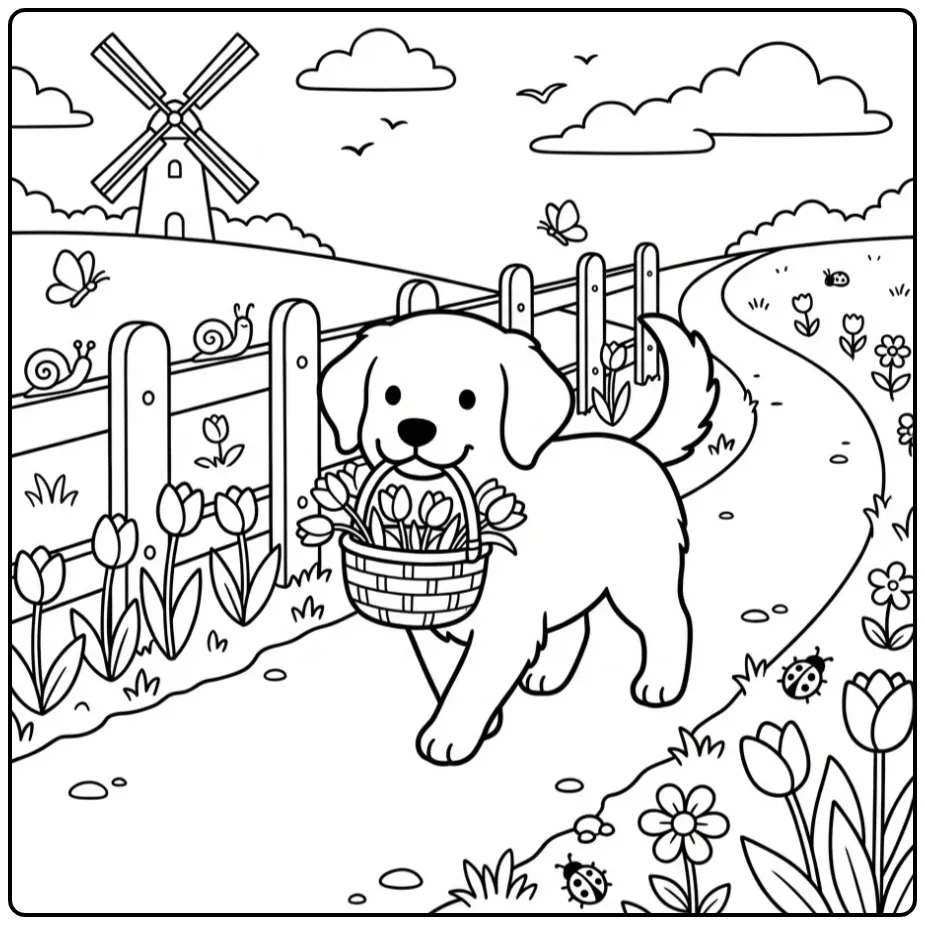 Kleurplaat friese stabij puppy met bloemenmandje en molen.