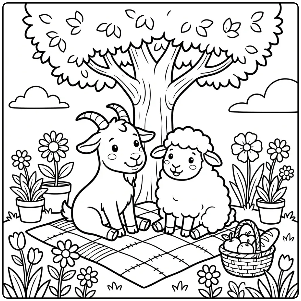 Schattige kleurplaat geit en schaap picknicken onder een boom