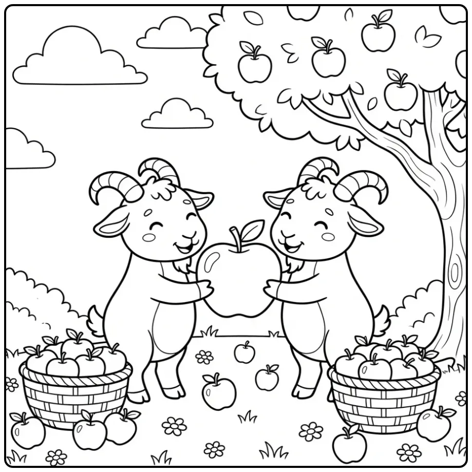 Schattige kleurplaat geit met twee geitjes en een appel.