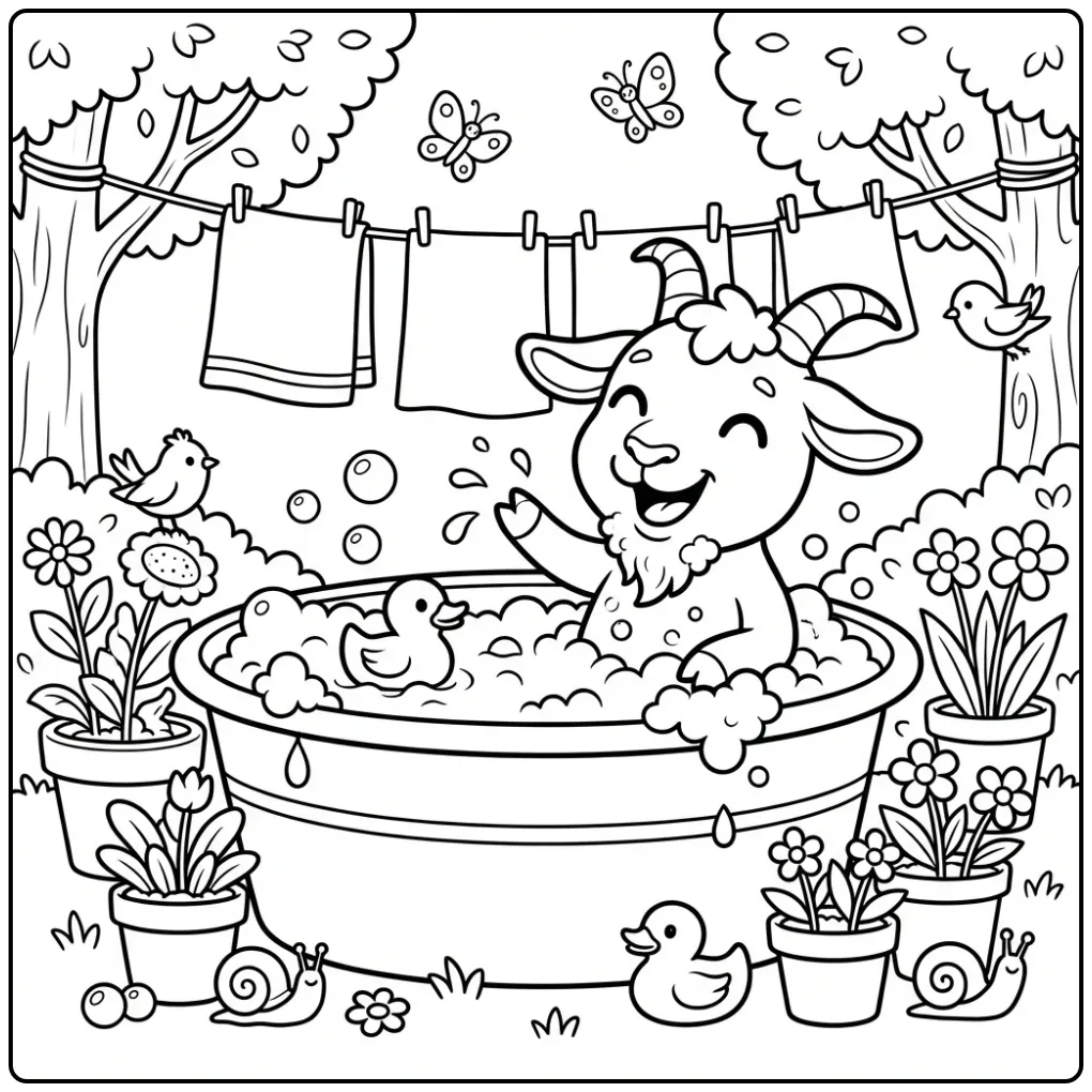 Schattige kleurplaat geit in bad met bubbels buiten.