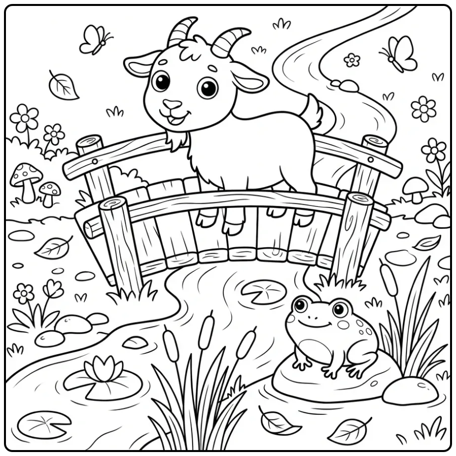 Een lieve kleurplaat geit op een houten brug boven een beekje.