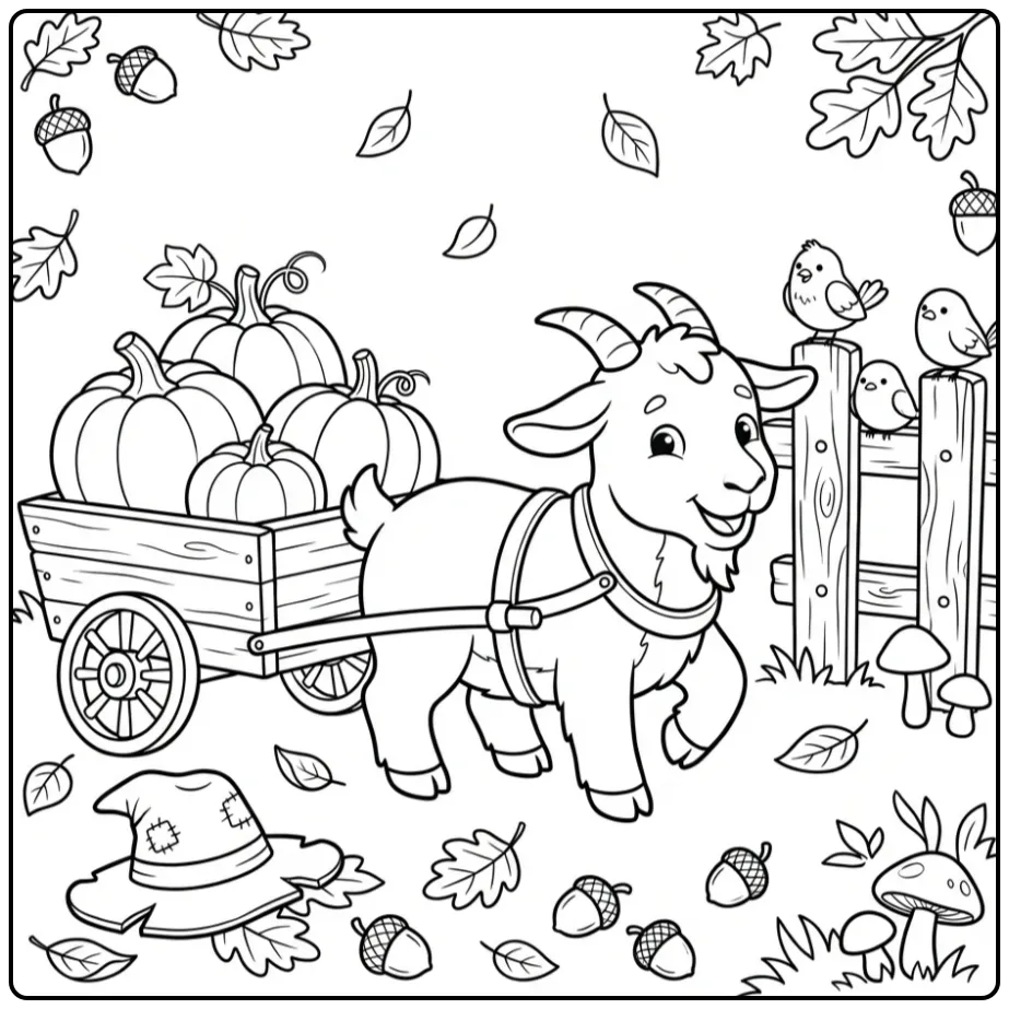 Schattige kleurplaat geit met kar vol pompoenen.