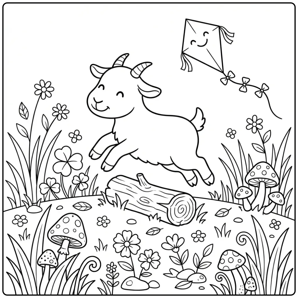 Schattige kleurplaat geit springt over een boomstam in de wei.