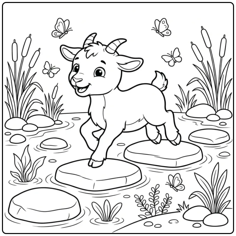 Een schattige kleurplaat geit die over stenen springt.