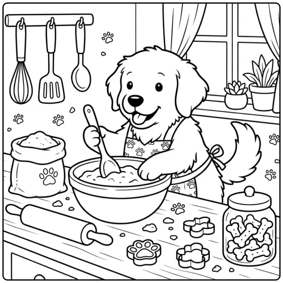 Kleurplaat golden retriever pup bakt hondenkoekjes.