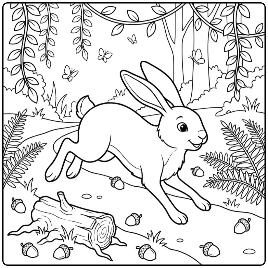 Sprintende kleurplaat haas op een bospad tussen varens.