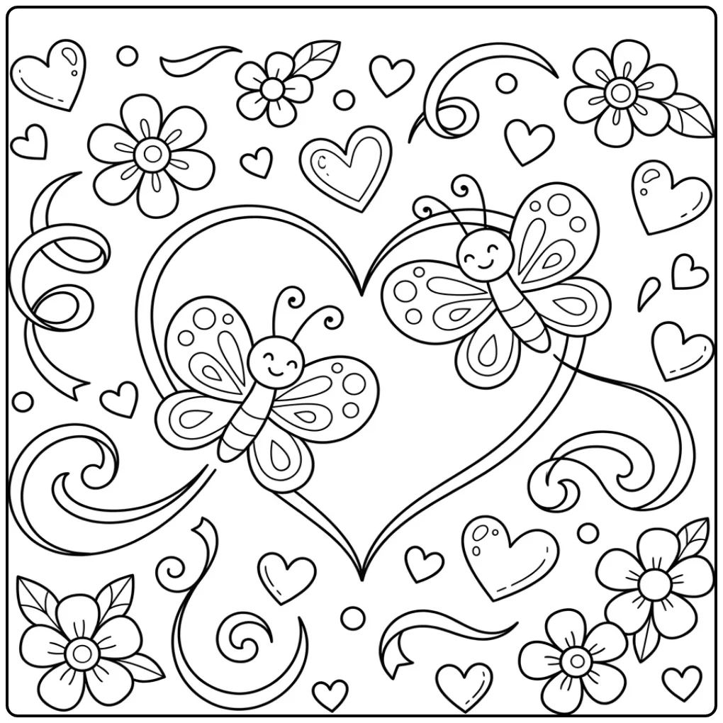 Lieve insecten op een kleurplaat hartjes en vlinders.