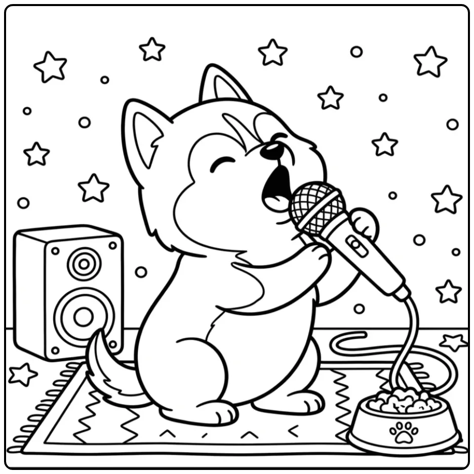 Schattige kleurplaat husky zingt karaoke met een microfoon.