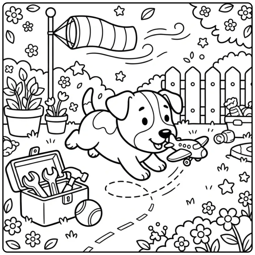 Een leuke kleurplaat jack russel met een speelgoedvliegtuig.