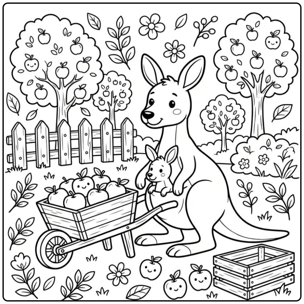 Schattige kleurplaat kangoeroe bij een appelboomgaard