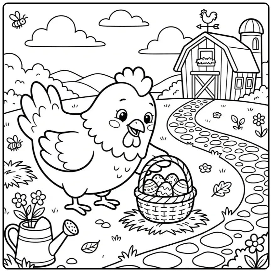 Schattige kleurplaat kip en ei met mandje en stro.