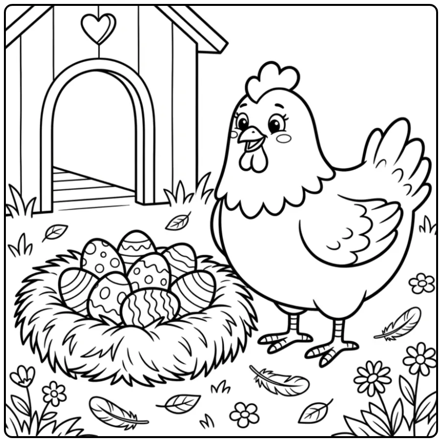 Leuke kleurplaat kip en ei met een nest vol eieren.