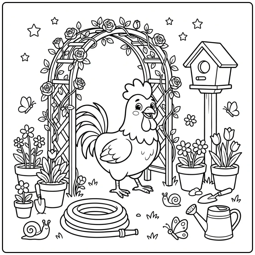 Schattige kleurplaat kip haan bij een tuinboog met sterren.