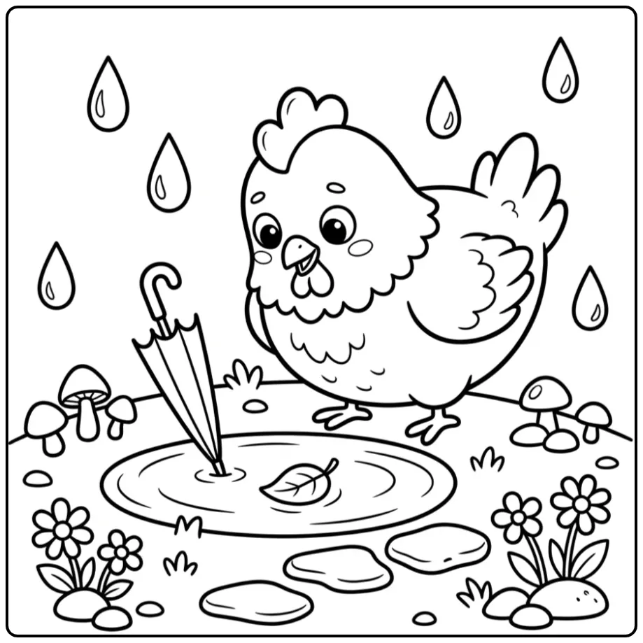 Schattige kleurplaat kip peuters met regen en paraplu.