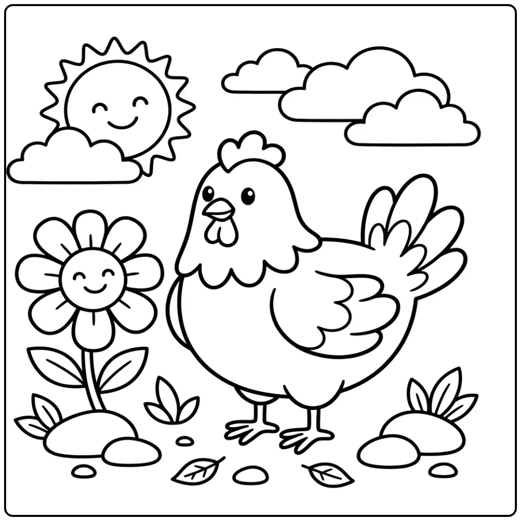 Leuke kleurplaat kip peuters met een grote bloem en zon.