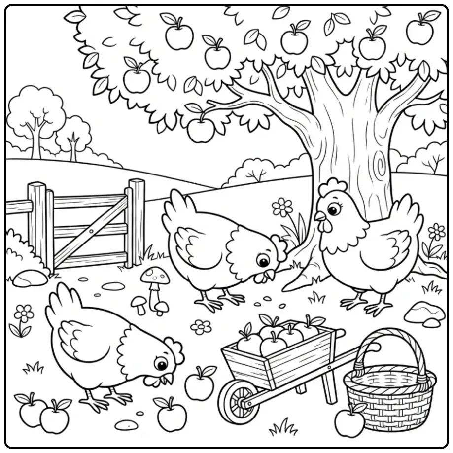 Schattige kleurplaat kippen met appels en kruiwagen.