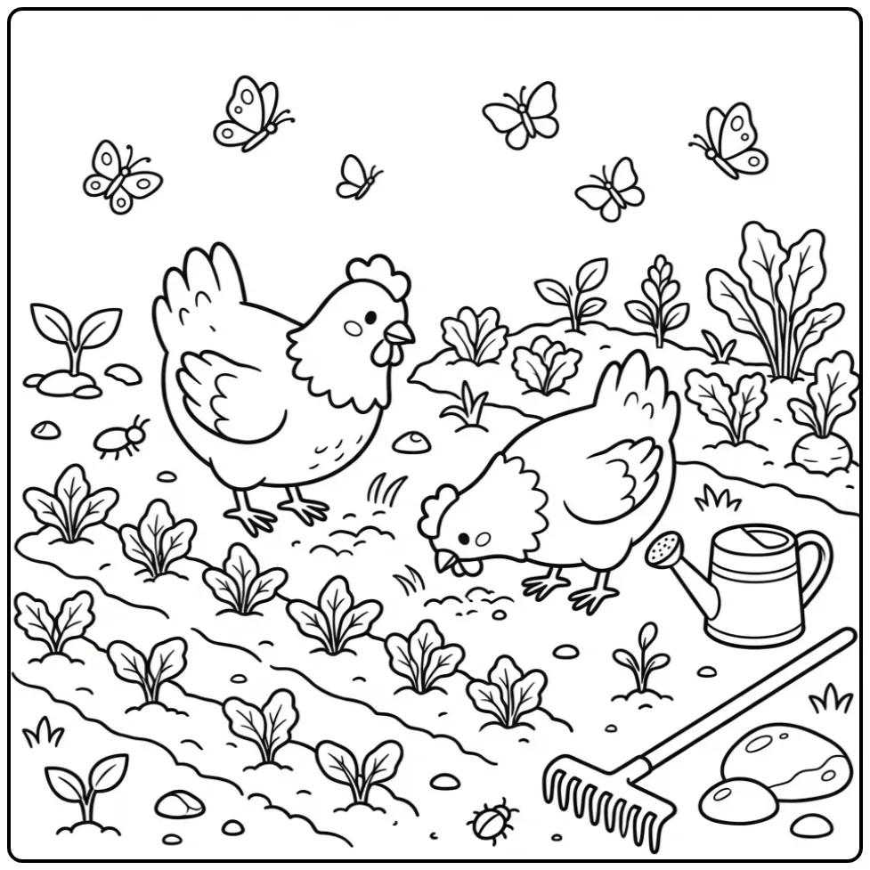 Schattige kleurplaat kippen in de moestuin met hark en gieter.