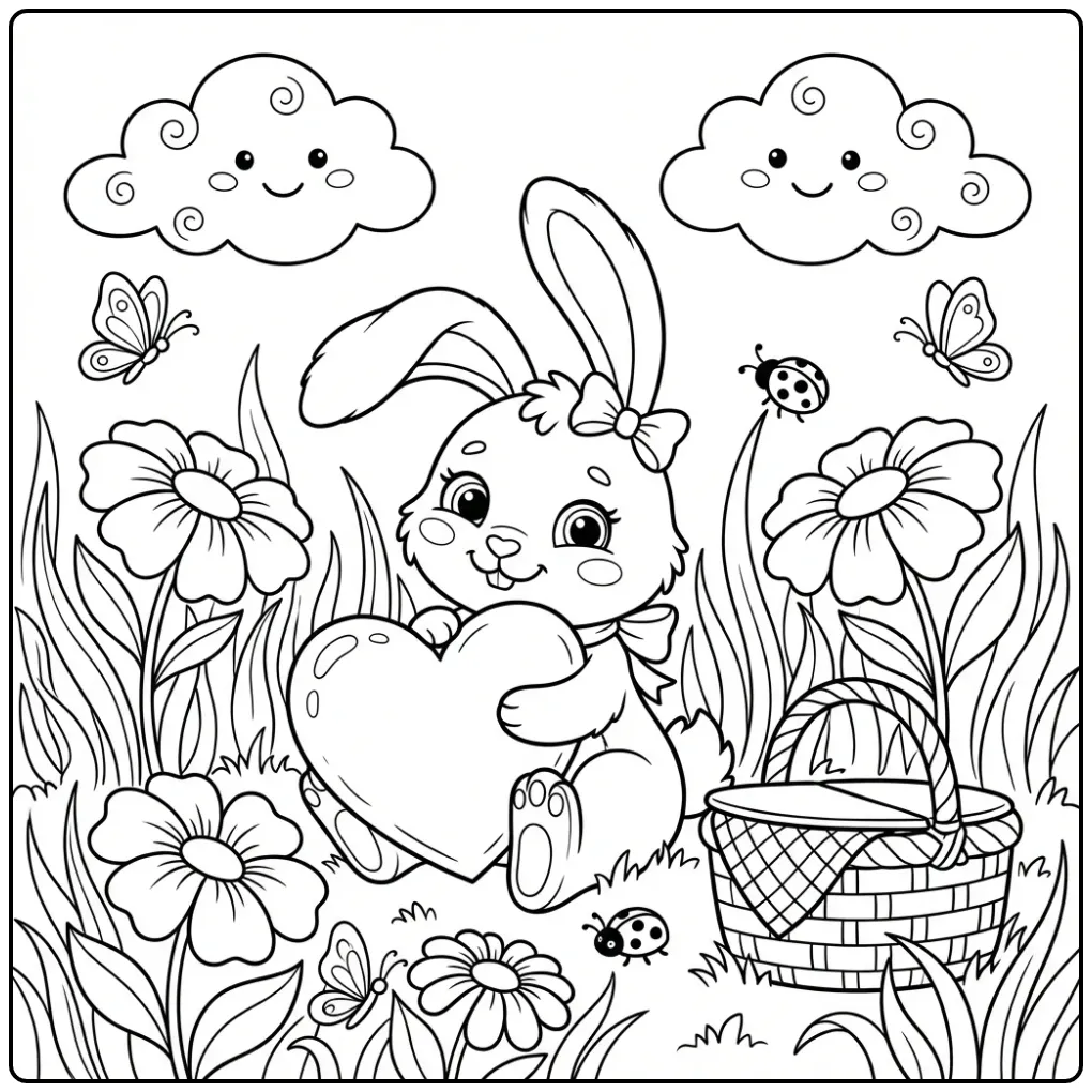 Een schattige kleurplaat knuffel konijn met een hartkussen.