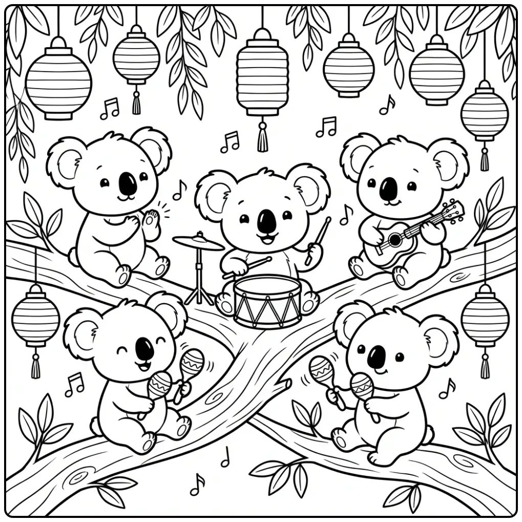 Leuke kleurplaat koala beertjes spelen samen een liedje