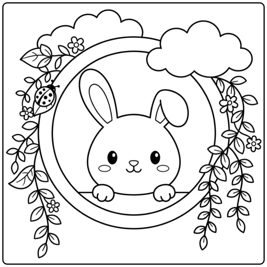 Schattige kleurplaat konijn hoofd in een cirkel met bloemen.