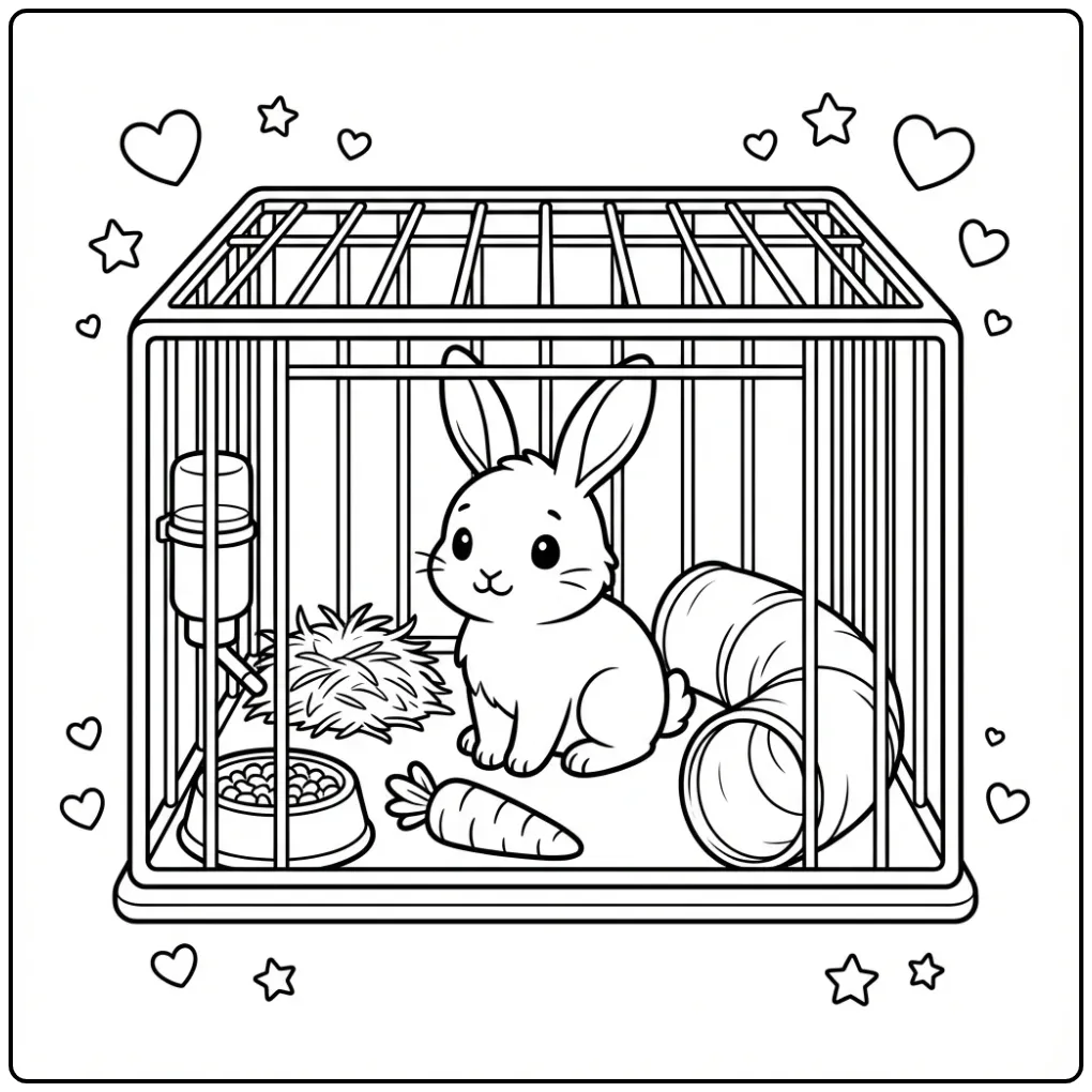 Leuke kleurplaat konijn in hok met speelgoed en hooi.