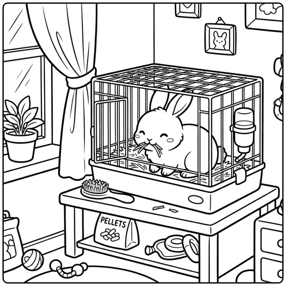 Schattige kleurplaat konijn in hok bij een groot raam.