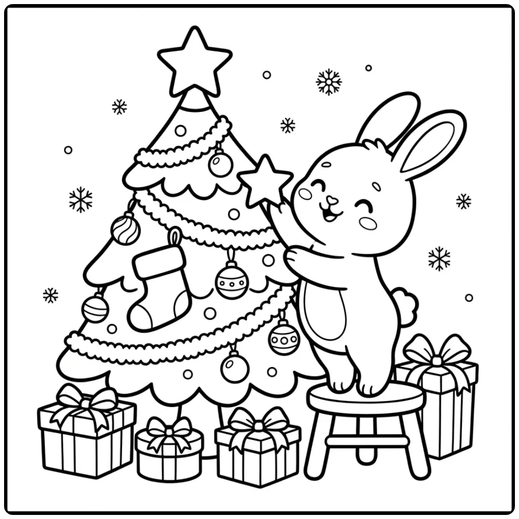 Schattige kleurplaat konijn kerst zet ster op de boom
