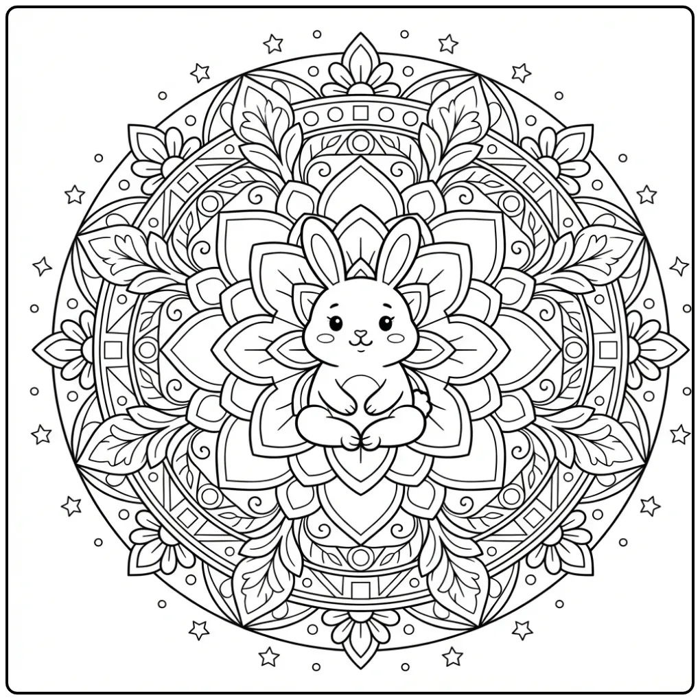 Schattige kleurplaat konijn mandala met bloemen en sterren.