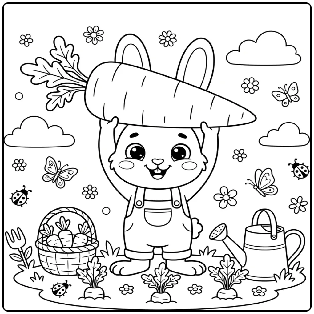 Schattige kleurplaat konijn met wortel in de moestuin.