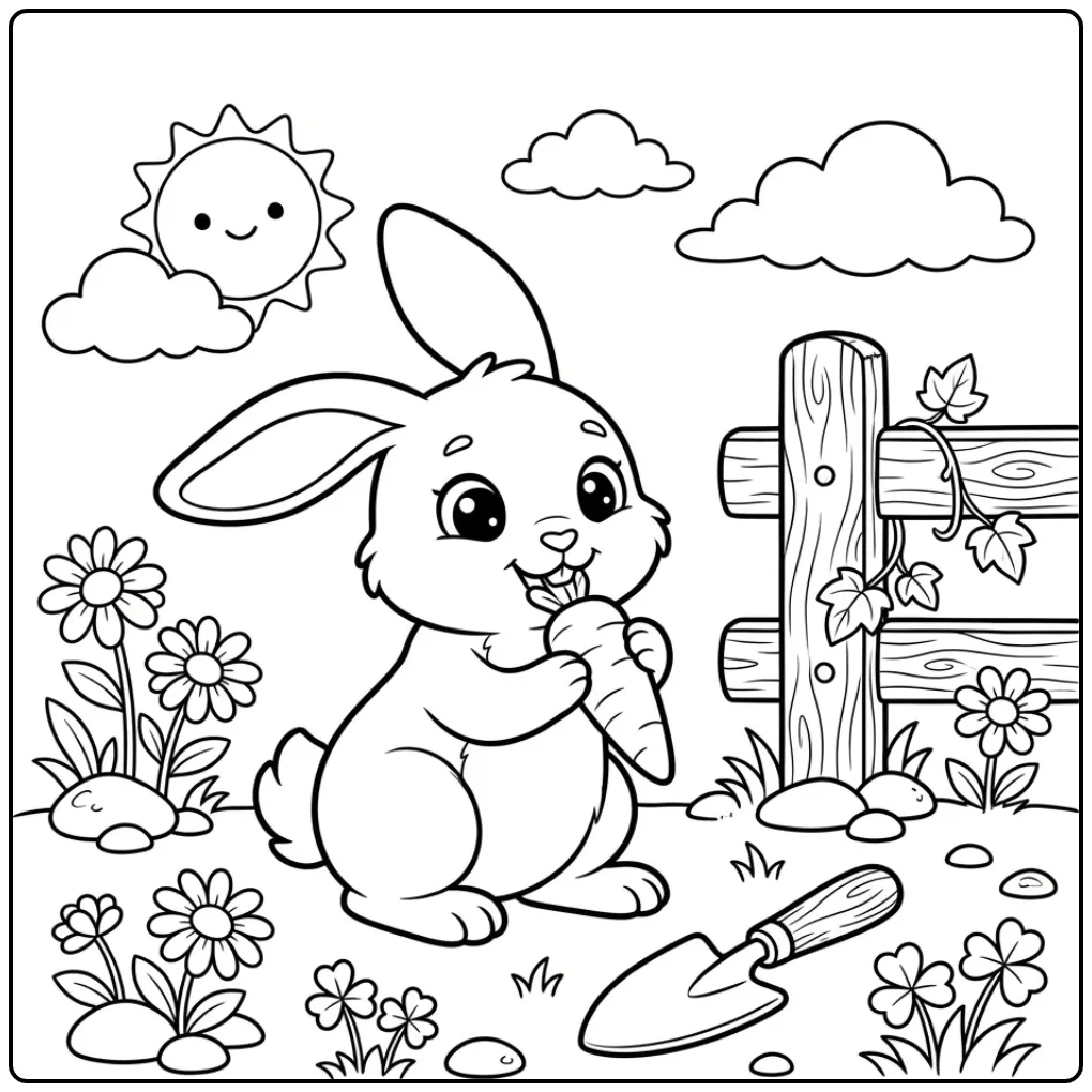 Schattige kleurplaat konijn met wortel bij een hek.