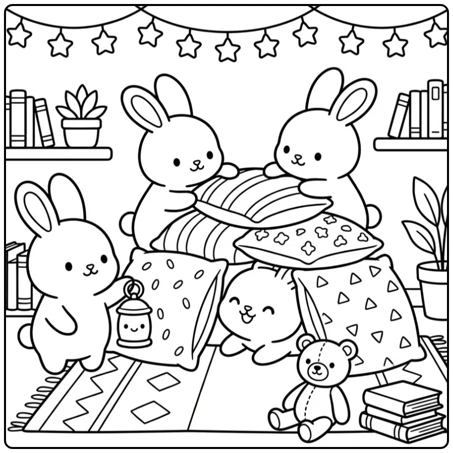 Schattige kleurplaat konijntjes bouwen samen een kussenfort.