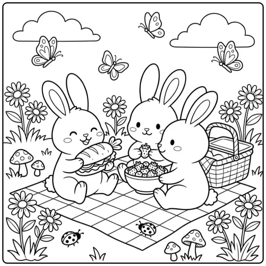 Drie schattige kleurplaat konijntjes tijdens een picknick.