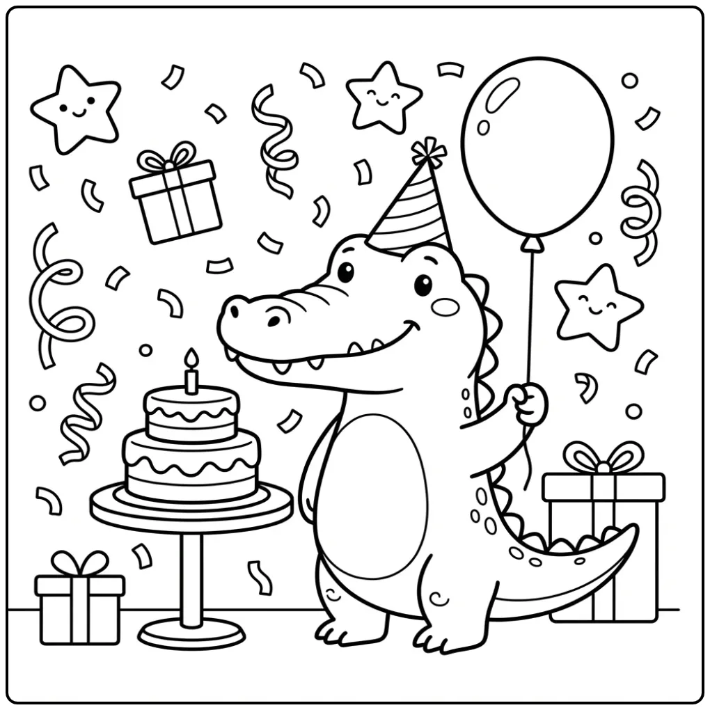 Feestelijke kleurplaat krokodil met ballon en taart.