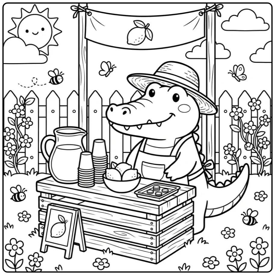 Schattige kleurplaat krokodil bij een limonadekraampje.