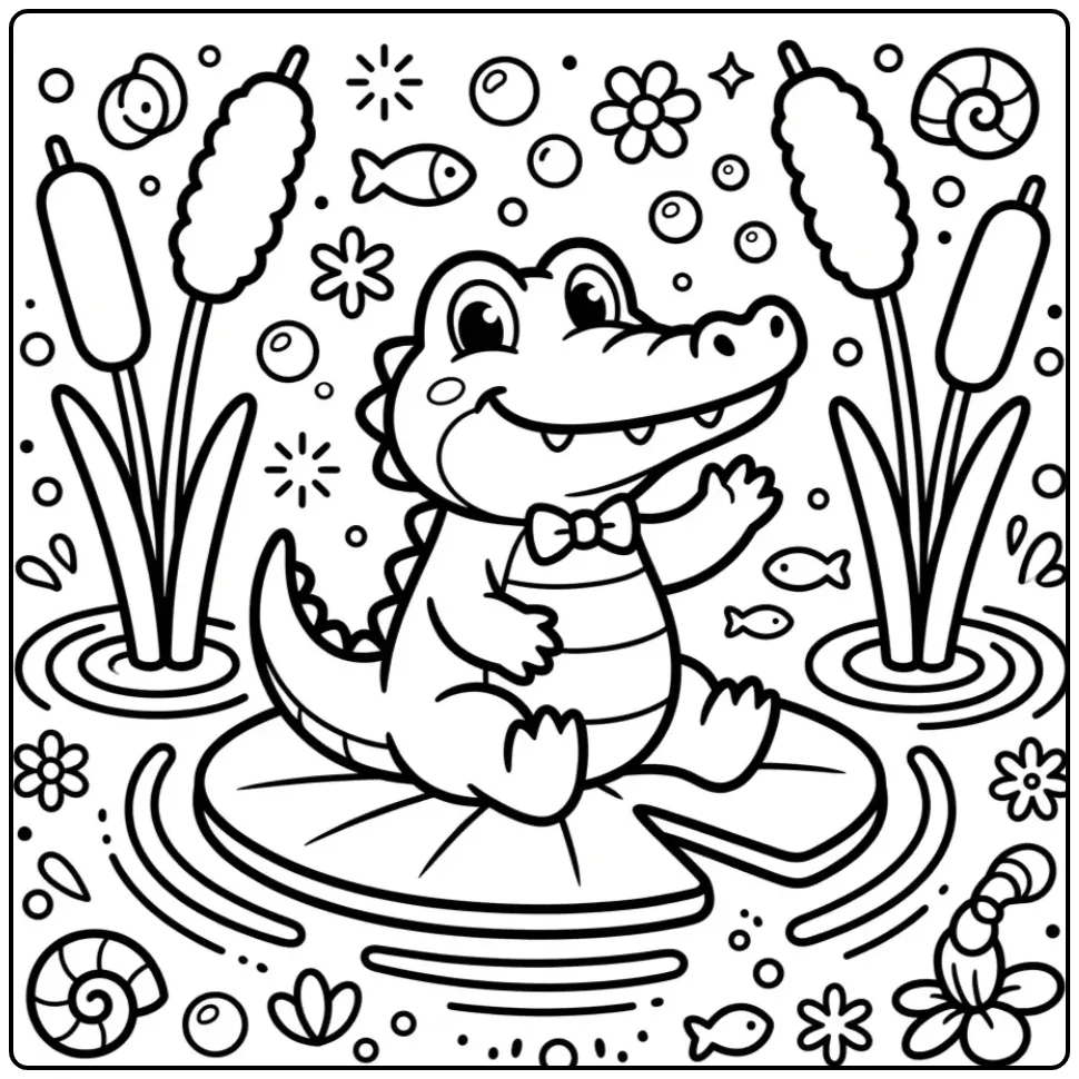 Schattige kleurplaat krokodil peuters zwaaiend op een blad.