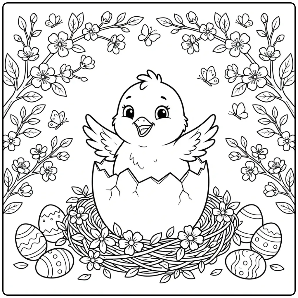 Schattige kleurplaat kuiken in ei met lente details.